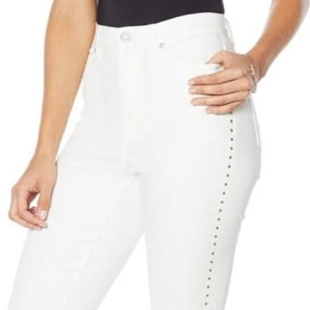 DG2 By DIANE GILMAN Off White Gold Studded Leg Denim Jeans 2P Beaded Fringe Hem